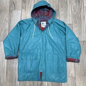 VTG MISTY HARBOR Womens PVC Hooded Rain Jacket Slicker Gingham Plaid Small Green